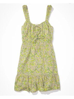 American Eagle Size Medium Silky Tie-Front Mini Dress Green Floral